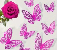 Różowe Motyle 3D Ażurowe Naklejki Błyszczące12 szt Dekoracja Intensywny Róż