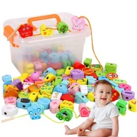 KLOCKI DREWNIANE EDUKACYJNE DO NAWLEKANIA KORALIKI MONTESSORI 109 ELEMENTÓW