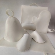 ZESTAW DO SAUNY CZAPKA RĘKAWICA SIEDZISKO TORBA KLAPKI KOMPLET BIAŁY 5W1