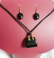 Czarny onyks, wisiorek - torebka i kolczyki, zestaw biżuterii