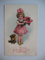 URODZINY DZIEWCZYNKA PIES przedwojenna POCZTÓWKA