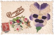 Róże Bratki naklejona LITOGRAFIA podklejony materiał 1913 Tłoczona handmade