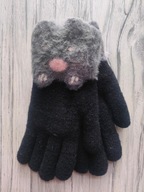 Rękawiczki czarne dziewczęce grube ocieplane zimowe z kotkiem 9-12 lat