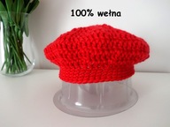 NOWY BERET DAMSKI 100% WEŁNA WEŁNIANY SZYDEŁKOWY HANDMADE CZERWONY CIEPŁY
