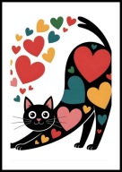 A2 KOLOROWY OBRAZ PLAKAT Z KOTEM, ŚMIESZNY CZARNY KOT W SERCA NA TLE SERC