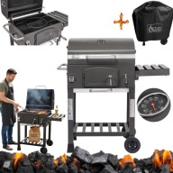 GRILL WĘGLOWY OGRODOWY Z POKRYWĄ ŻELIWNY RUSZT 57x42cm POPIELNIK TERMOMETR