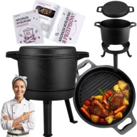 KOCIOŁEK ŻELIWNY EMALIOWANY GARNEK MYŚLIWSKI 8L NA OGNISKO GRILL Z PATELNIĄ