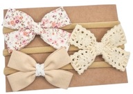 Opaski kokardki komplet dla dziewczynki kwiatuszki koronka i jasny beż