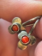 Kolczyki PRL stare srebrne wiszące kwiatki czerwony kamień