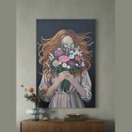 Duży nowoczesny obraz 80x120cm kobieta postać kwiaty