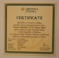 CERTYFIKAT - 20 RUBLI 2006 BIAŁORUŚ FAIRY TALES - 12 MIESIĘCY - DWANAŚCIE