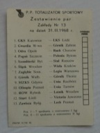 kupon TOTALIZATOR SPORTOWY zestawienie par z roku 1968 Liga polska