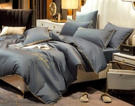 Pościel 160x200 stalowa złoty haft satynowa lamówka