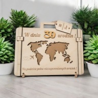 Drewniana WALIZKA życzenia PREZENT URODZINY EMERYTURA koperta na pieniądze