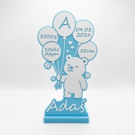 Personalizowana Metryczka 3D Miś Prezent na Narodziny Chrzest Urodziny Blue