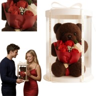 PLUSZOWY MIŚ Z BUKIETEM MYDLANYCH RÓŻ PLUSZAK PREZENT DZIEŃ KOBIET PUDEŁKO