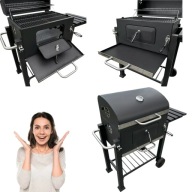 GRILL WĘGLOWY ŻELIWNY RUSZT DUŻY OGRODOWY TERMOMETR + POKRYWA + KÓŁKA