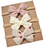 Opaski na głowę z kokardkami dla niemowląt brudny róż kremowa i serduszka