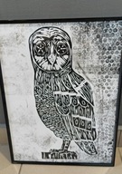 Linoryt "Sowa" w ramie - rękodzieło - WOŚP Lubliniec #326