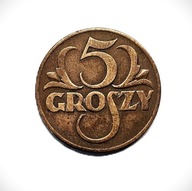 Polska moneta o nominale 5 groszy z 1937 r. z okresu II Rzeczypospolitej