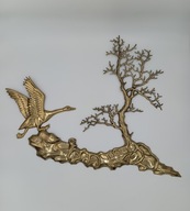Mosiężna duża rzeźba 75cm gęś na tle drzewka bonsai wyjątkowa i przepiękna