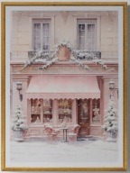 A2 PLAKAT OBRAZ, PLAKAT SKLEP Z RÓŻOWĄ MARKIZĄ PLAKAT CUKIERNIA ZIMA ŚNIEG