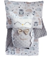 ZESTAW Kocyk 50x75cm+podusia+SOWA HAFT imię METRYCZKA narodziny PREZENT