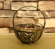 Stylowa cukiernica PRL kryształ barwiony, metalowa oprawa