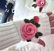 RĘKAWICZKI ocieplane zima vintage RETRO odkryte palce mitenki RÓŻE ROSE 3D