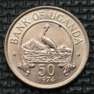 *UGANDA [1518]*50 centów 1974 Republika Ugandy, Herb, Ptak Żuraw zwierzęta