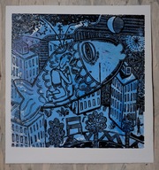 Jonasz. 30 × 30 cm. 2025 r. (linoryt kol.)