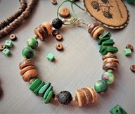 ETNO bransoletka zielone agaty mszyste, masa perłowa, czarna lawa drewno