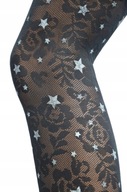 CALZEDONIA rajstopy czarne koronka kwiaty róże srebrne gwiazdki glitter S M