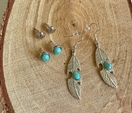 Zestaw kolczyki Boho Etno Piórko Piórka Turkus