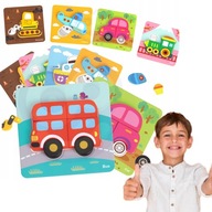 UKŁADANKA DREWNIANA PUZZLE KLOCKI POJAZDY MONTESSORI ZESTAW WOOPIE GREEN