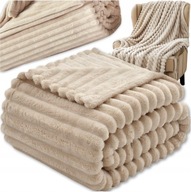 GRUBY KOC WYTŁACZANY NARZUTA PLED NA ŁÓŻKO KANAPĘ PASKI BEŻOWY 160X200 CM