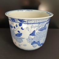 Ceramiczna doniczka biało-niebieska, ręcznie malowana, 12 cm, vintage