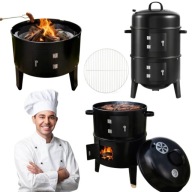 GRILL WĘGLOWY OGRODOWY DUŻY OKRĄGŁY 3W1 WĘDZARNIA PALENISKO + TERMOMETR