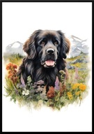 A2 PLAKAT PIES W KWIATACH RASA NOWOFUNDLAND