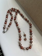 Komplet naszyjnik kolczyki sztuczne perły brąz beż