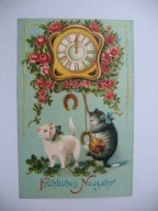 KOT KOTY ZEGAR NOWY ROK przedwojenna POCZTÓWKA WYTŁACZANA