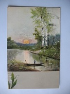 ZAGINIONY ŚWIAT WĘDKOWANIE O ZACHODZIE SŁOŃCA przedwojenna POCZTÓWKA