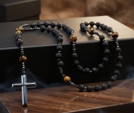 Elegancki Męski Różaniec z Lawy Wulkanicznej i Tygrysiego Oka