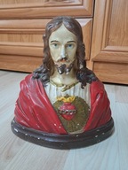 STARA DUŻA FIGURA JEZUS SERCE JEZUSA POPIERSIE 25cm x 25,5cm SYGNOWANA