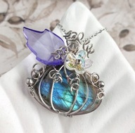 Naszyjnik dynia z niebieskim labradorytem, w srebrnej stali, wisior fantasy