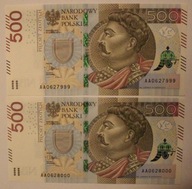 2 x 500 zł 2016 SOBIESKI - AA0627999 i AA0628000 KOLEJNE ZŁOTE NR 3 FOLDERY