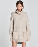 Zara beżowy golf z kieszeniami z futerka M