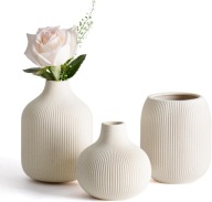 ZESTAW 3 WAZONÓW CERAMICZNYCH BEŻOWYCH RYFLOWANYCH DEKORACYJNYCH BOHO