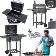 GRILL WĘGLOWY OGRODOWY KOMIN ŻELIWNY RUSZT NA KÓŁKACH Z POKRYWĄ TERMOMETR
