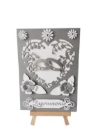 ZAPROSZENIA ŚLUB OBRĄCZKI W SERCU KORONKA C6 SZARY - BIEL